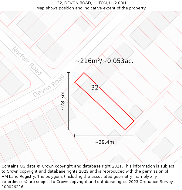 32, DEVON ROAD, LUTON, LU2 0RH: Plot and title map