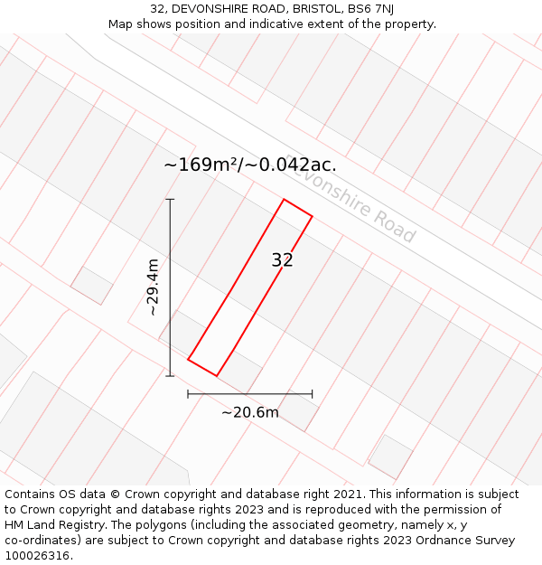 32, DEVONSHIRE ROAD, BRISTOL, BS6 7NJ: Plot and title map
