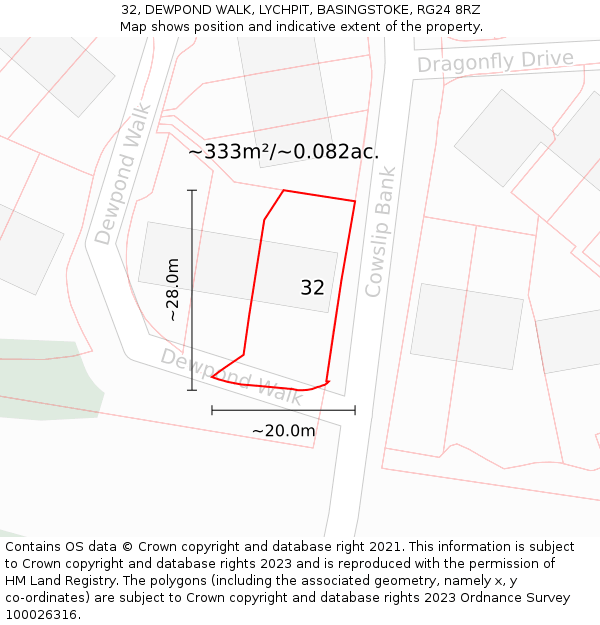 32, DEWPOND WALK, LYCHPIT, BASINGSTOKE, RG24 8RZ: Plot and title map