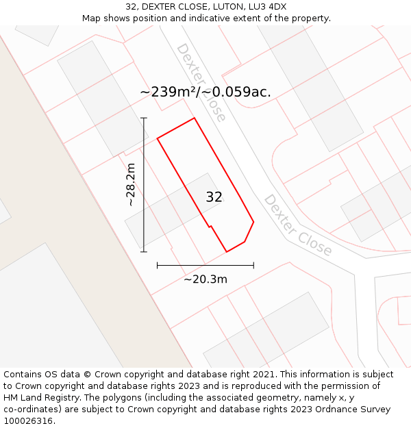 32, DEXTER CLOSE, LUTON, LU3 4DX: Plot and title map