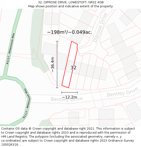 32, DIPROSE DRIVE, LOWESTOFT, NR32 4GB: Plot and title map
