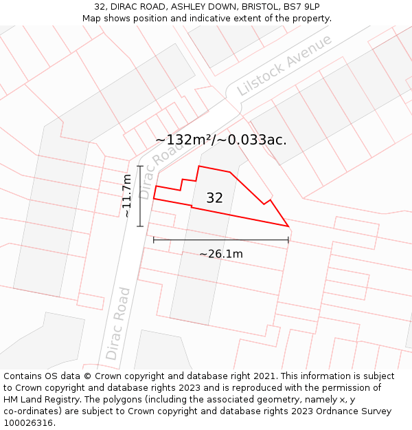 32, DIRAC ROAD, ASHLEY DOWN, BRISTOL, BS7 9LP: Plot and title map