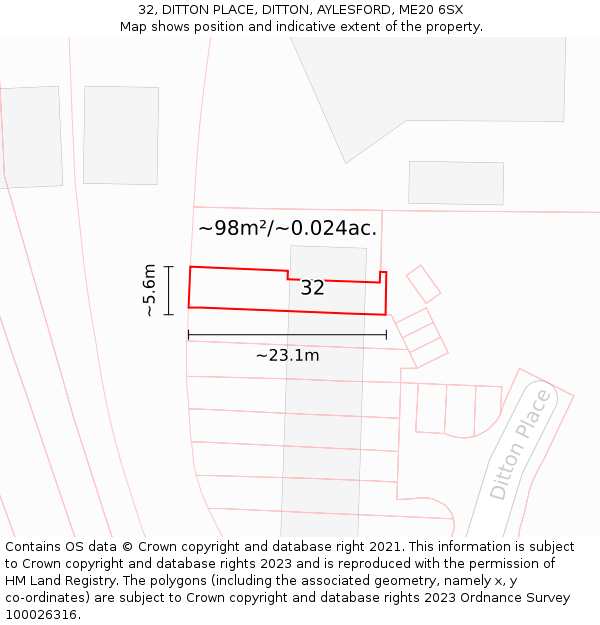32, DITTON PLACE, DITTON, AYLESFORD, ME20 6SX: Plot and title map