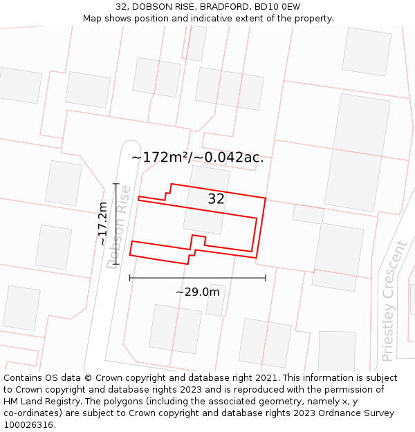 32, DOBSON RISE, BRADFORD, BD10 0EW: Plot and title map