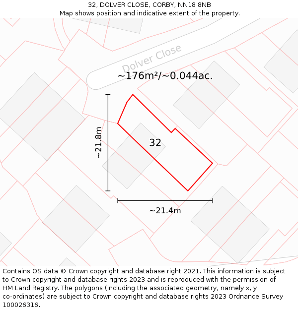 32, DOLVER CLOSE, CORBY, NN18 8NB: Plot and title map