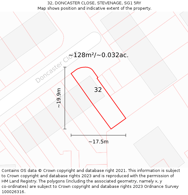 32, DONCASTER CLOSE, STEVENAGE, SG1 5RY: Plot and title map