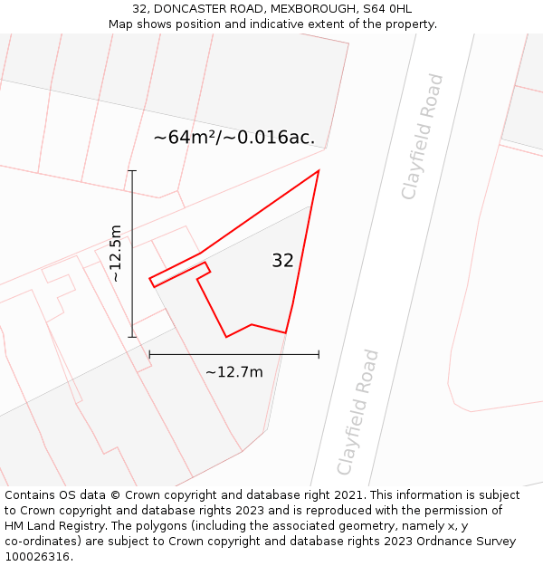 32, DONCASTER ROAD, MEXBOROUGH, S64 0HL: Plot and title map