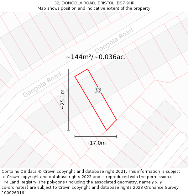 32, DONGOLA ROAD, BRISTOL, BS7 9HP: Plot and title map