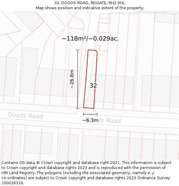 32, DOODS ROAD, REIGATE, RH2 0NL: Plot and title map