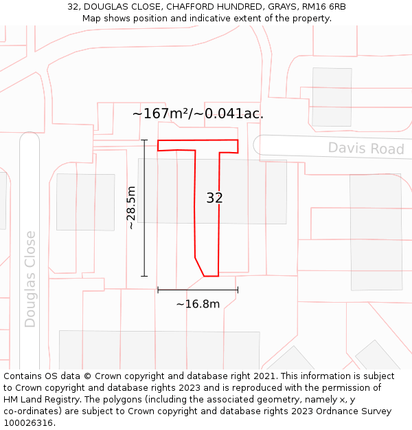 32, DOUGLAS CLOSE, CHAFFORD HUNDRED, GRAYS, RM16 6RB: Plot and title map