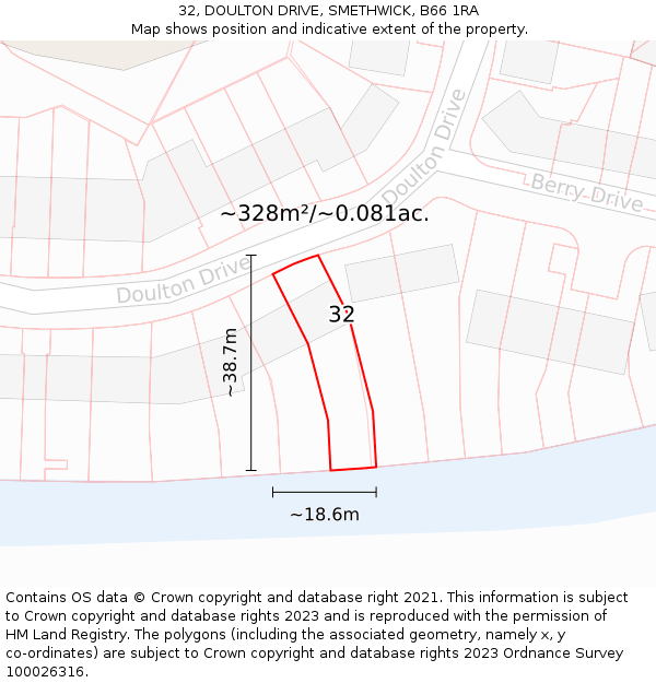 32, DOULTON DRIVE, SMETHWICK, B66 1RA: Plot and title map