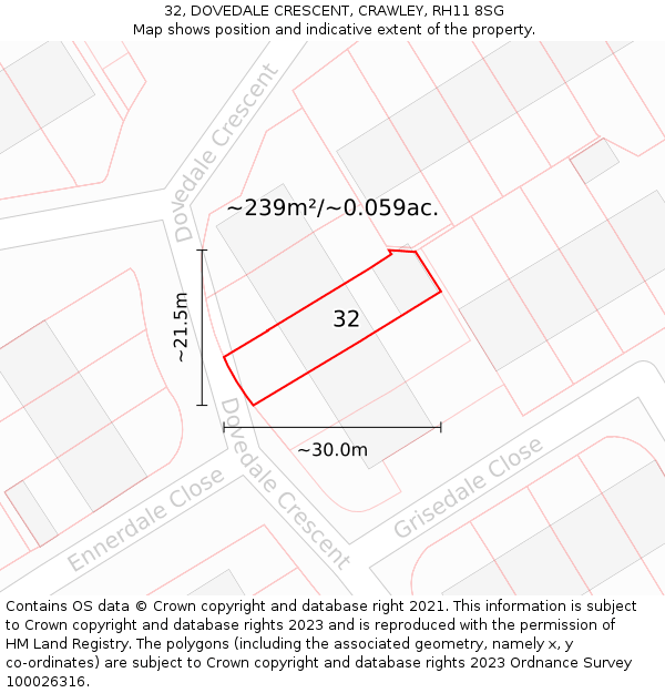 32, DOVEDALE CRESCENT, CRAWLEY, RH11 8SG: Plot and title map