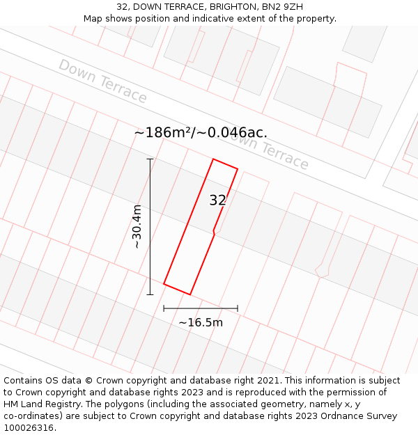 32, DOWN TERRACE, BRIGHTON, BN2 9ZH: Plot and title map