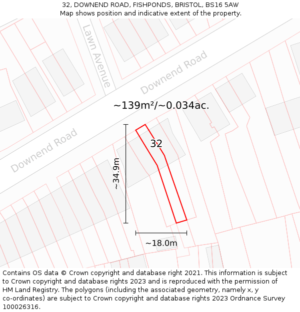 32, DOWNEND ROAD, FISHPONDS, BRISTOL, BS16 5AW: Plot and title map