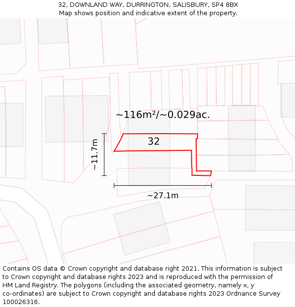 32, DOWNLAND WAY, DURRINGTON, SALISBURY, SP4 8BX: Plot and title map