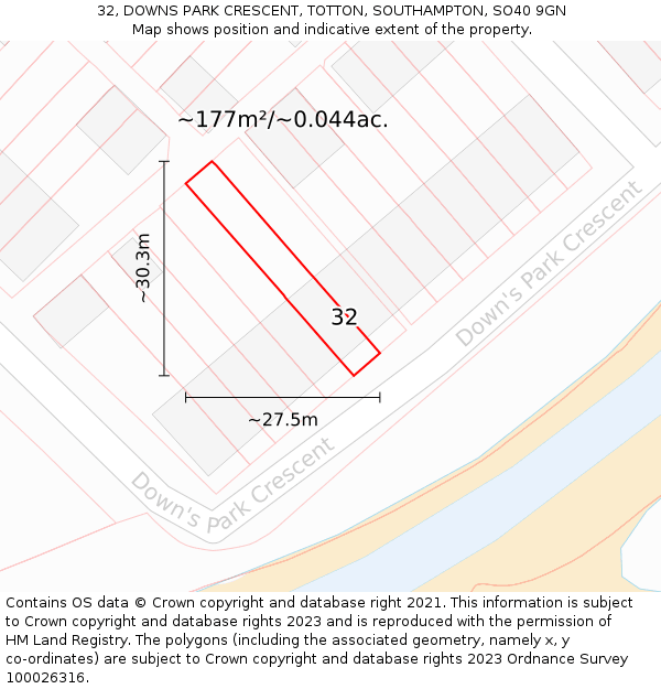 32, DOWNS PARK CRESCENT, TOTTON, SOUTHAMPTON, SO40 9GN: Plot and title map