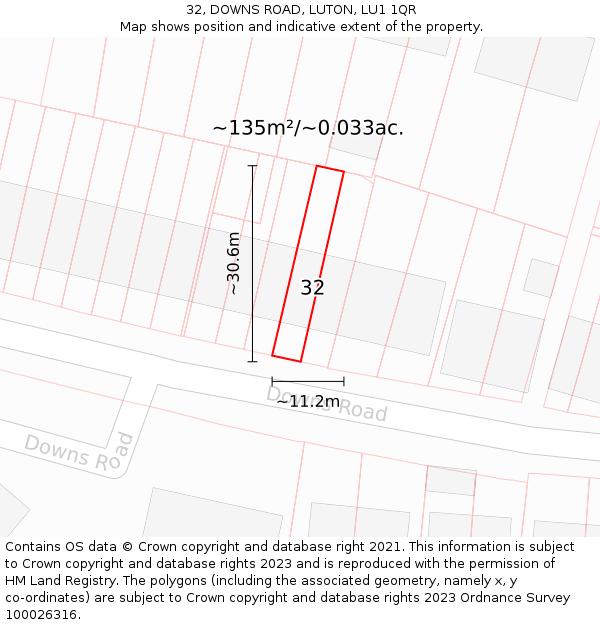 32, DOWNS ROAD, LUTON, LU1 1QR: Plot and title map