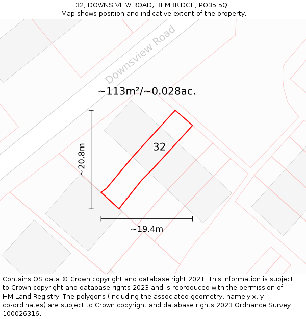 32, DOWNS VIEW ROAD, BEMBRIDGE, PO35 5QT: Plot and title map