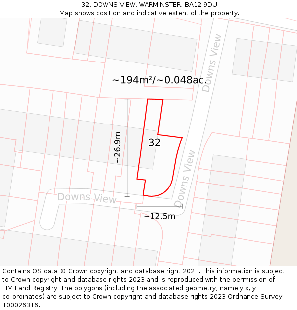 32, DOWNS VIEW, WARMINSTER, BA12 9DU: Plot and title map
