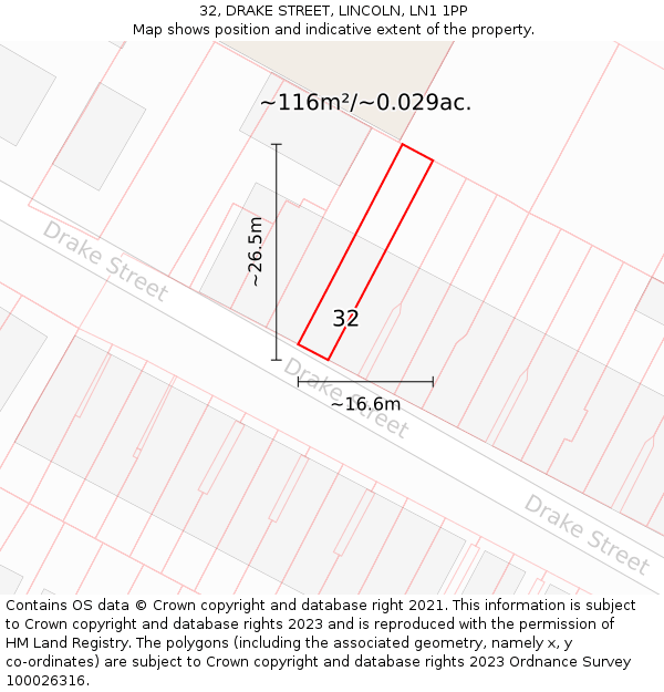 32, DRAKE STREET, LINCOLN, LN1 1PP: Plot and title map
