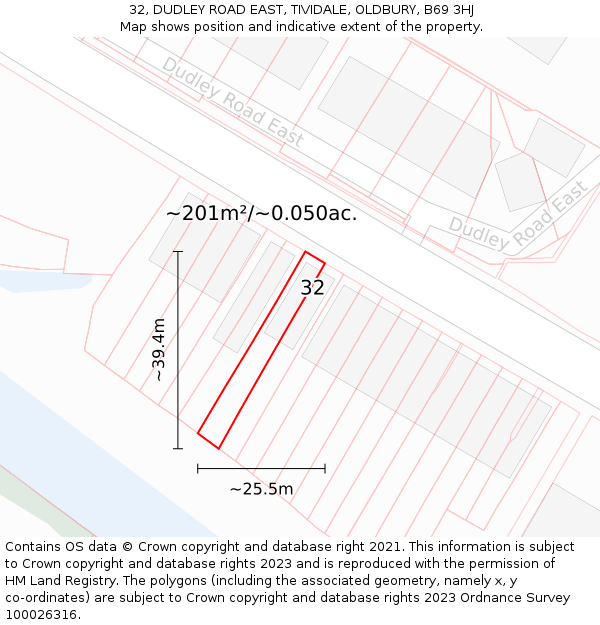 32, DUDLEY ROAD EAST, TIVIDALE, OLDBURY, B69 3HJ: Plot and title map
