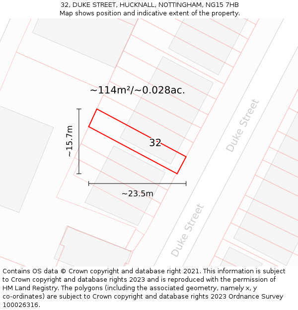 32, DUKE STREET, HUCKNALL, NOTTINGHAM, NG15 7HB: Plot and title map