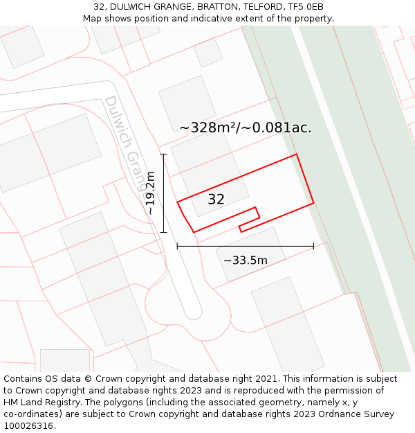 32, DULWICH GRANGE, BRATTON, TELFORD, TF5 0EB: Plot and title map