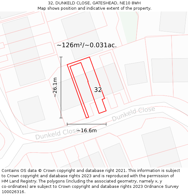32, DUNKELD CLOSE, GATESHEAD, NE10 8WH: Plot and title map