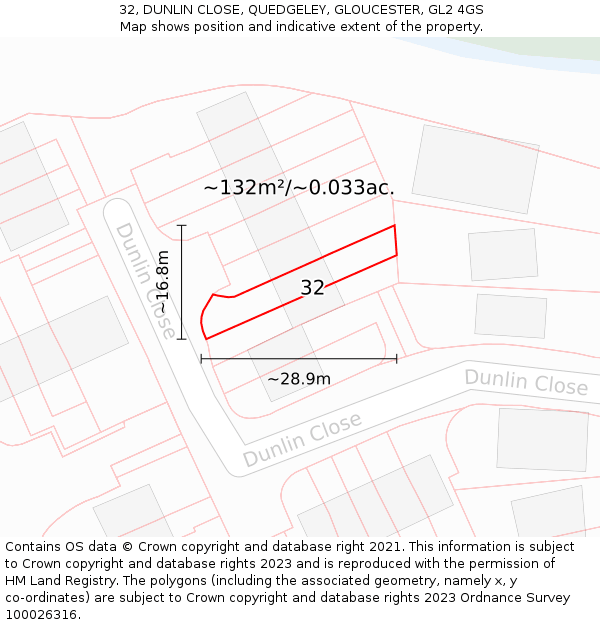 32, DUNLIN CLOSE, QUEDGELEY, GLOUCESTER, GL2 4GS: Plot and title map