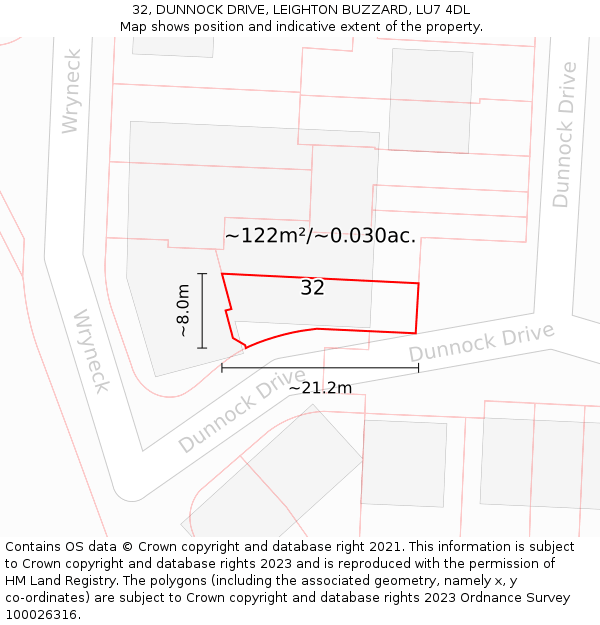 32, DUNNOCK DRIVE, LEIGHTON BUZZARD, LU7 4DL: Plot and title map