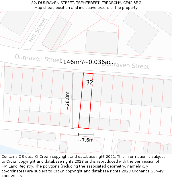 32, DUNRAVEN STREET, TREHERBERT, TREORCHY, CF42 5BG: Plot and title map