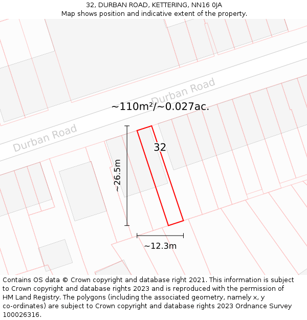 32, DURBAN ROAD, KETTERING, NN16 0JA: Plot and title map
