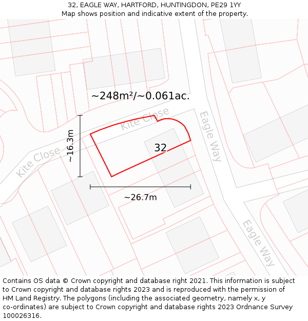 32, EAGLE WAY, HARTFORD, HUNTINGDON, PE29 1YY: Plot and title map
