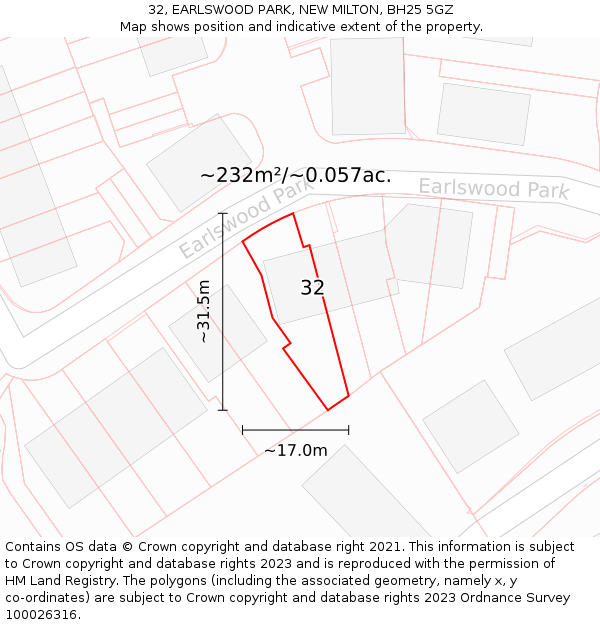 32, EARLSWOOD PARK, NEW MILTON, BH25 5GZ: Plot and title map