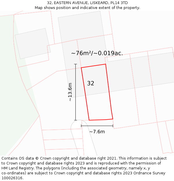 32, EASTERN AVENUE, LISKEARD, PL14 3TD: Plot and title map