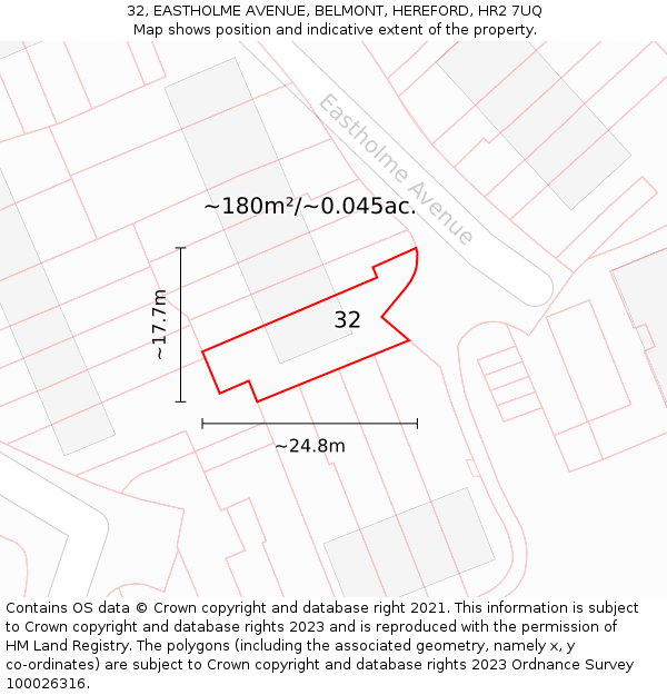 32, EASTHOLME AVENUE, BELMONT, HEREFORD, HR2 7UQ: Plot and title map