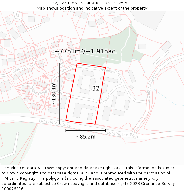 32, EASTLANDS, NEW MILTON, BH25 5PH: Plot and title map