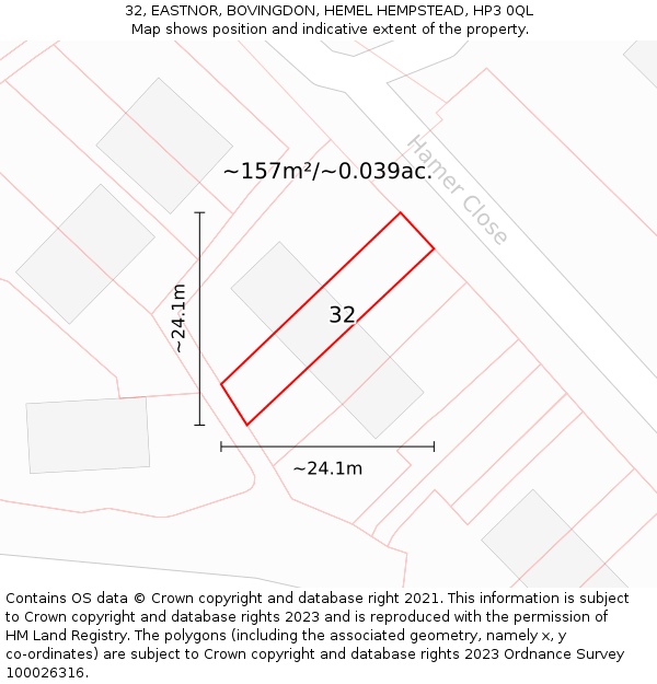 32, EASTNOR, BOVINGDON, HEMEL HEMPSTEAD, HP3 0QL: Plot and title map