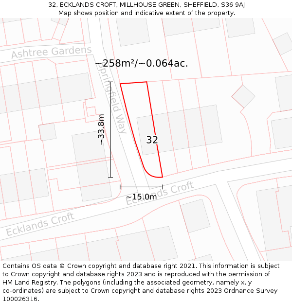 32, ECKLANDS CROFT, MILLHOUSE GREEN, SHEFFIELD, S36 9AJ: Plot and title map