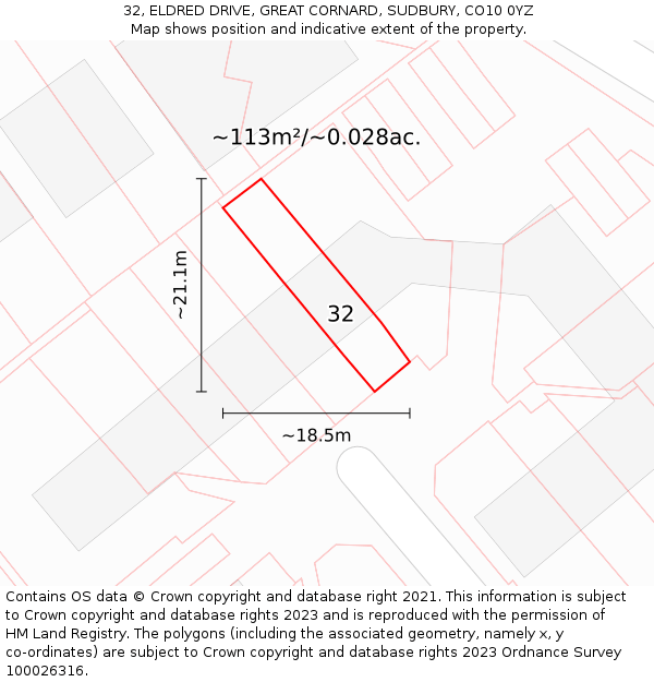 32, ELDRED DRIVE, GREAT CORNARD, SUDBURY, CO10 0YZ: Plot and title map