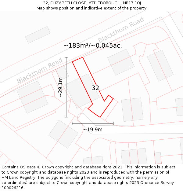 32, ELIZABETH CLOSE, ATTLEBOROUGH, NR17 1QJ: Plot and title map