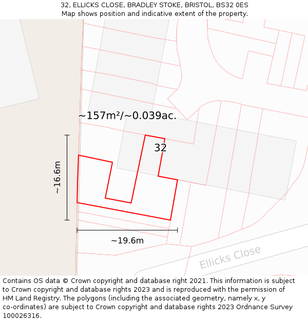 32, ELLICKS CLOSE, BRADLEY STOKE, BRISTOL, BS32 0ES: Plot and title map