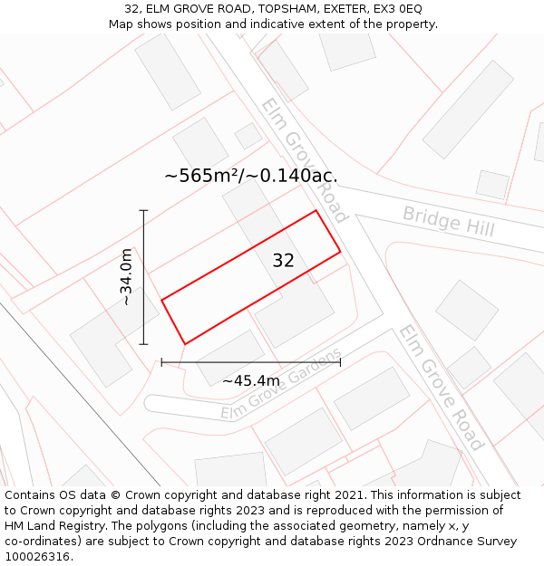 32, ELM GROVE ROAD, TOPSHAM, EXETER, EX3 0EQ: Plot and title map