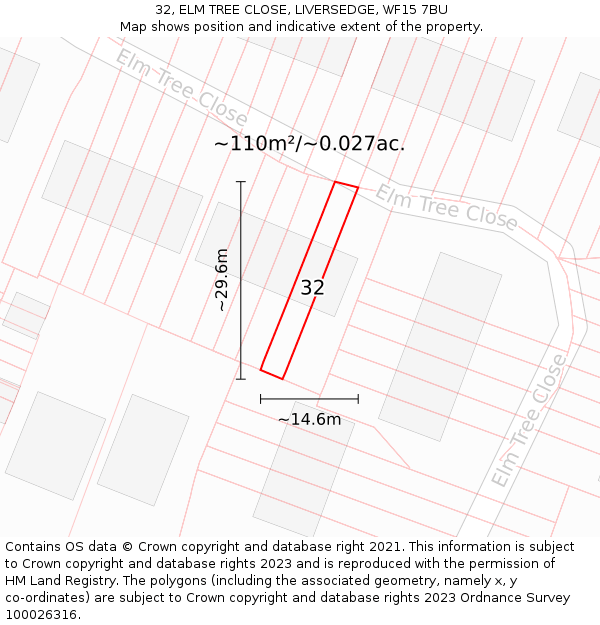 32, ELM TREE CLOSE, LIVERSEDGE, WF15 7BU: Plot and title map