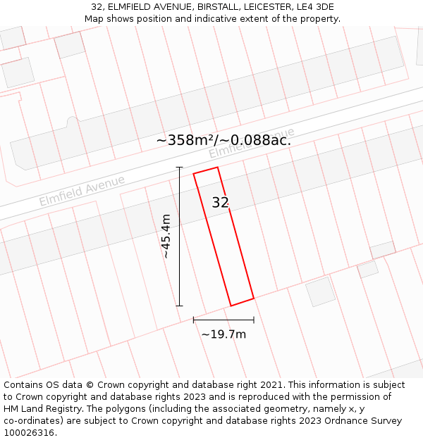 32, ELMFIELD AVENUE, BIRSTALL, LEICESTER, LE4 3DE: Plot and title map