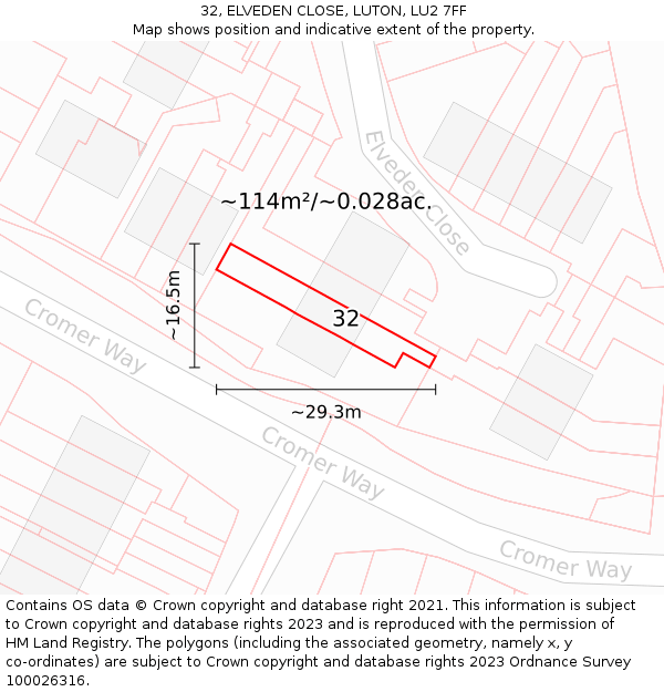 32, ELVEDEN CLOSE, LUTON, LU2 7FF: Plot and title map