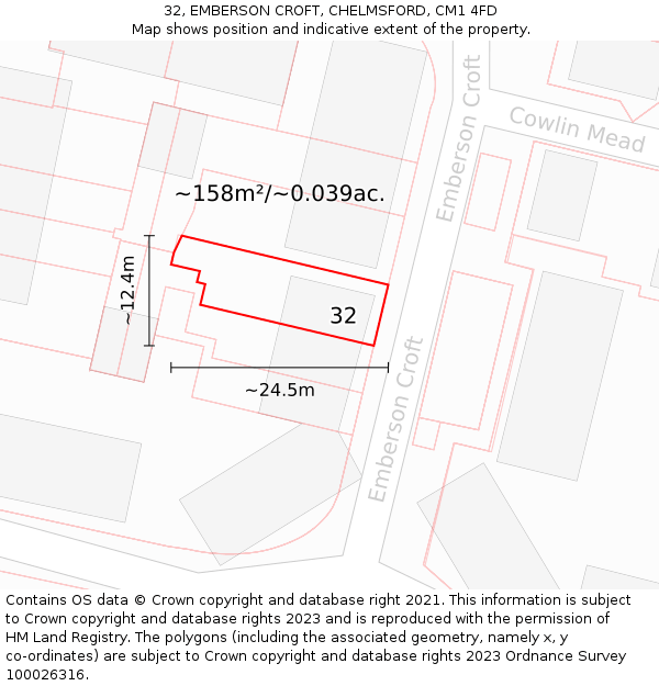 32, EMBERSON CROFT, CHELMSFORD, CM1 4FD: Plot and title map