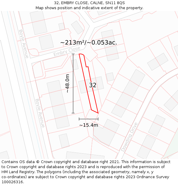 32, EMBRY CLOSE, CALNE, SN11 8QS: Plot and title map