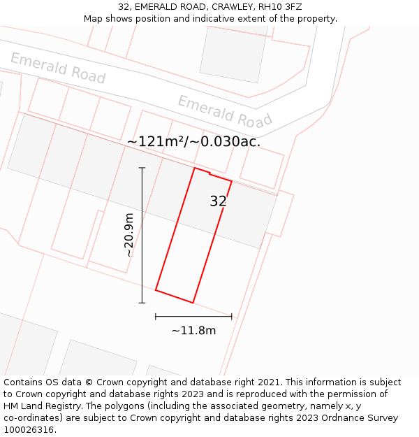 32, EMERALD ROAD, CRAWLEY, RH10 3FZ: Plot and title map