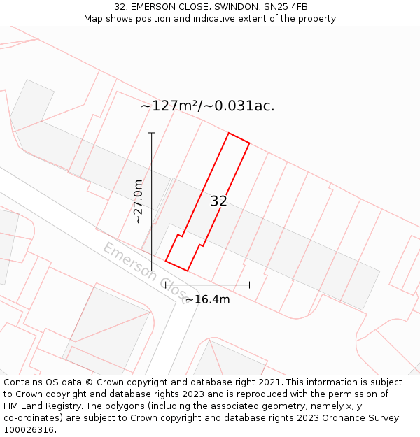 32, EMERSON CLOSE, SWINDON, SN25 4FB: Plot and title map